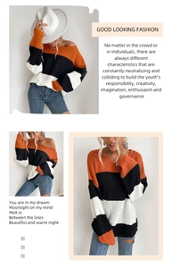 Three-way split view of a chunky striped knit sweater in orange, black and white blocks