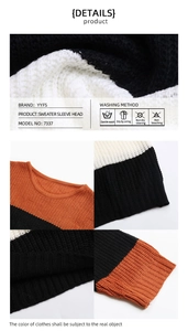Detail of round neckline and ribbed cuffs on orange striped knit sweater with dense texture