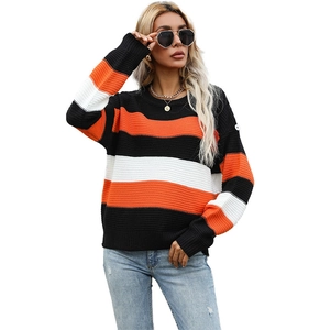 Women's casual striped knit sweater with long sleeves in orange, black and white color