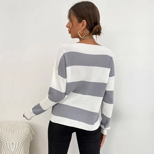 Pull en tricot pour femme avec manches longues et rayures horizontales grises et blanches