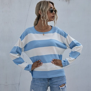 Maglione in Maglia a Righe da Donna Casual Blocchi di Colore Manica Lunga Spalla Bassa Pullover Girocollo Comodo Top alla Moda