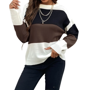 Pull en maille décontracté pour femme avec blocs de couleurs rayés blanc noir et marron