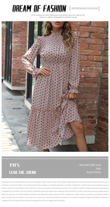 Detail of smocked chest and ruffled collar on dusty pink polka dot midi dress