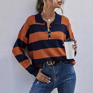 Pull Polo en Maille Rayée à Manches Longues Décontracté pour Femmes Couleur Contrastée Col en V Boutons Haut Automne