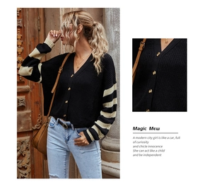 Detail shot of the V-neck opening and golden buttons on the striped knit cardigan