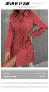 Detail of rust red shirt dress featuring notched lapel, chest pockets, and waist tie belt