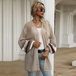 Women's Casual Hollow Out Knit Cardigan V Neck Loose Color Block Striped Long Sleeve Mid Length Sweater Outerwear