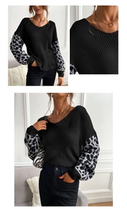Detailed close-up of leopard print patchwork sleeves and black chunky knit texture
