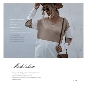 Detail of color-block knit sweater featuring V-shape hollow knit neckline and khaki tones