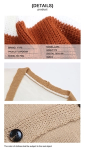 Detail view of tri-color knit cardigan showing texture, tortoiseshell buttons and stitching