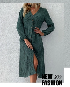 Detail of dark green polka dot dress showing V-neckline and button-down closure design