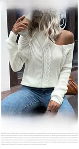 Close-up of white cable knit sweater featuring hollow mesh texture and off-shoulder design