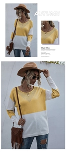Detail view of the yellow and white patchwork knit sweater with V-shaped mesh neckline