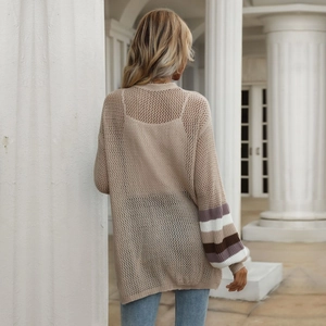 Women's long-sleeved openwork knit cardigan with striped puff sleeves and beige finish