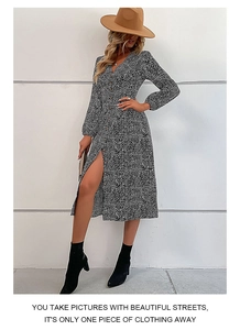Detail of V-neck button-down midi dress with polka dot pattern and front slit