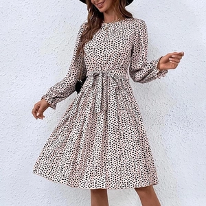 Women's Elegant Leopard Print Long Sleeve Midi Dress With Tie Belt Round Neck Pleated Ruffle Cuff Casual Urban Dress