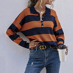 Pull en maille rayée à manches longues et col polo pour femme en orange et bleu