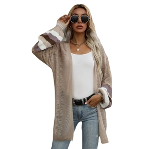 Women's hollow knit cardigan in beige with colorful striped cuffs and loose fit style