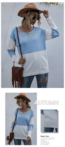 Detailed view of blue and white color-block sweater with V-shape mesh knit neckline