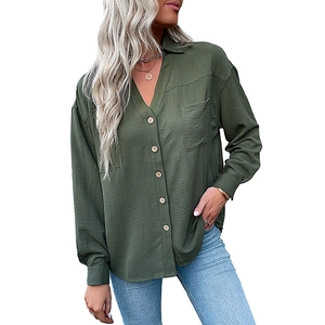 Women's army green long sleeve V-neck button shirt with front pocket and relaxed fit