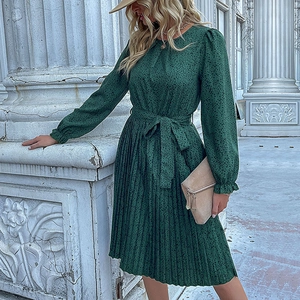 Long sleeve leopard print pleated dress with waist tie and ruffled cuffs for women