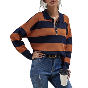Pull en tricot polo à manches longues pour femme avec rayures orange et marine