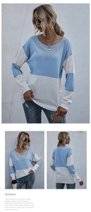Detail of the V-shaped hollow knit pattern on blue and white patchwork long sleeve sweater