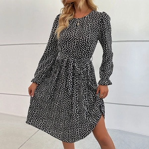 Chic long sleeve leopard print dress with waist tie and pleated ruffles in black and white