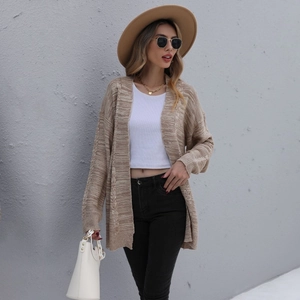 Damen Casual Mittellang Zopfmuster Strickjacke Lose Offene Vorderseite Langarm V-Ausschnitt Khaki Strickwaren Mantel