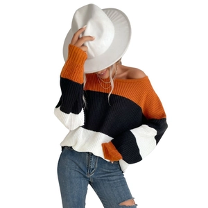 Women's autumn color block knit sweater with orange and black stripes and crew neck