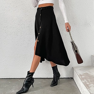 Women black A-line midi skirt with button-up front and adjustable waist belt