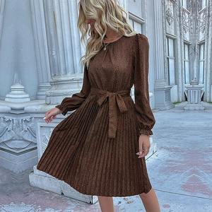 Elegant leopard print pleated dress with long sleeves and bow waist tie for autumn