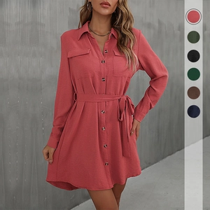 Women Casual Solid Color Lapel Shirt Dress Long Sleeve Single Breasted Belted A-Line Midi Dress For Office Daily Wear