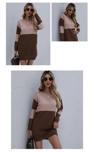 Détail d'une robe en maille ajustée avec blocs de couleurs rose et marron et motif en V