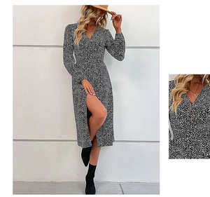 Detail of high-slit waist design on black floral V-neck long sleeve dress