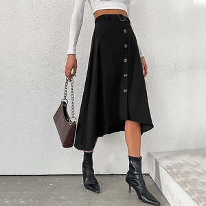 Women's black high waist A-line midi skirt with decorative buttons and matching belt