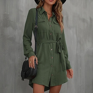 Elegant dark green long sleeve shirt dress with lapel collar and adjustable waist tie