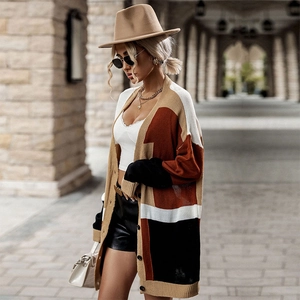 Women's color block knit cardigan sweater featuring a chic long sleeve loose silhouette