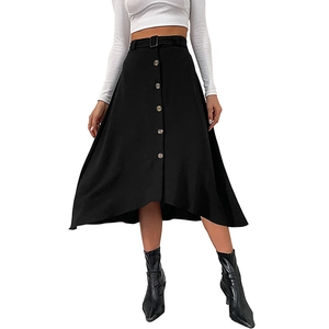 Women's black A-line midi skirt with buttons and matching belt on white background
