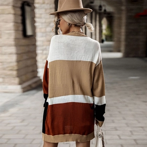 Women's color block knit cardigan sweater in white khaki and red shown from back view