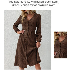 Detail view of v-neck leopard print midi dress with button front and slim waist design