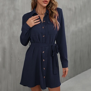 Elegant navy blue long sleeve shirt dress with lapel collar and waist belt for women