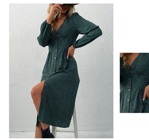 Detailed view of dark green leopard print dress showing fabric texture and button closure