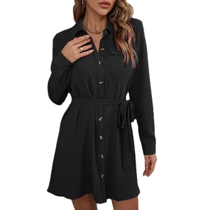 Elegant black long sleeve button-down shirt dress with collar and waist belt