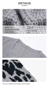 Detail view of grey knit sweater dress with V-neckline and leopard print jacquard pattern