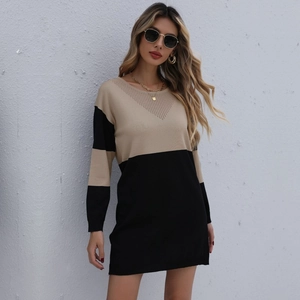 Robe Courte en Maille Décontractée pour Femmes Color Block Col Rond V-Ajouré Manches Longues Patchwork Robe Pull Chic Office Lady Top