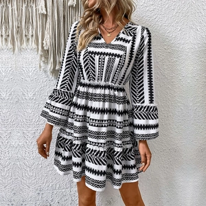 Women V Neck Long Ruffle Sleeve Bohemian Geometric Print Midi Dress Loose High Waist Tiered Ruffle Hem Casual Vacation Dress