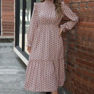 Elegant mauve polka dot midi dress with ruffle high neck and smocked bodice detail