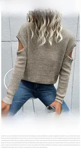 Detailed knit texture and cold shoulder design on beige long sleeve sweater for women