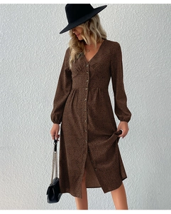 Detailed close-up of the V-neckline and button-down front on a leopard print dress